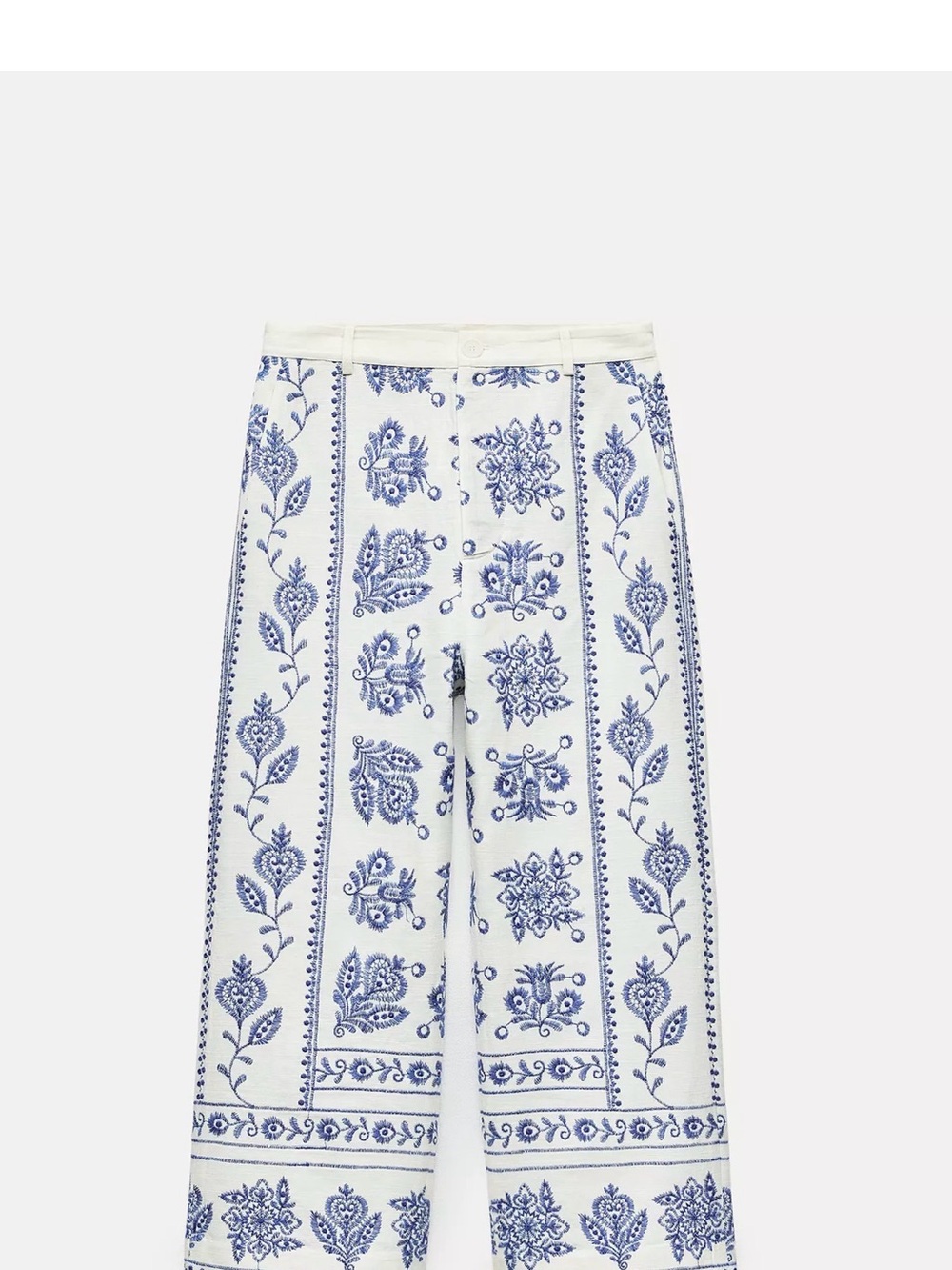 Zara Collection White and Blue Printed Wide-Leg Pants